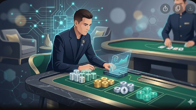 Современная иллюстрация с элементами криптовалют и фишками для управления банкроллом в казино