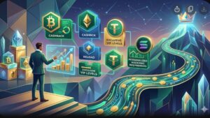 Современная иллюстрация с криптовалютными монетами и графиками для анализа бонусов в казино для хайроллеров