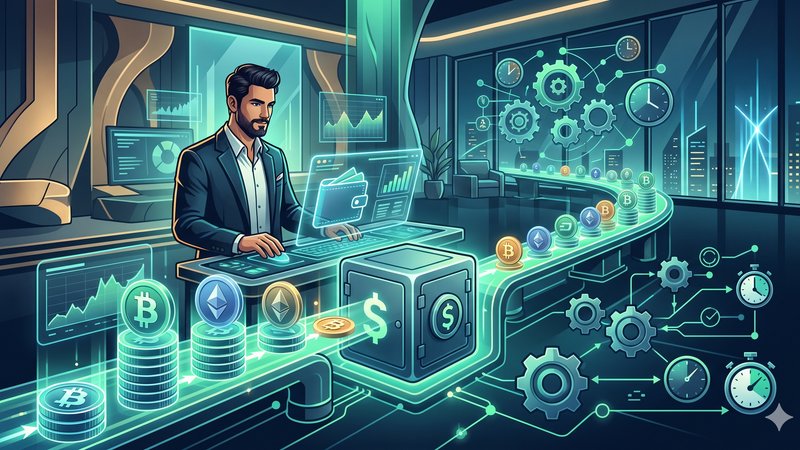 Современная иллюстрация с цифровыми активами и графиками для статьи о ликвидности криптоказино для хайроллеров