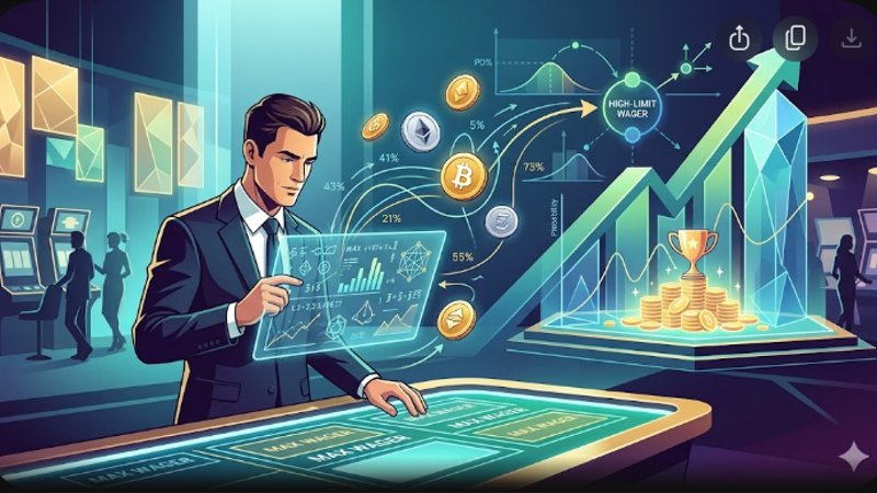 Современная иллюстрация с математическими формулами и криптоактивами для анализа вейджера в хайроллер казино